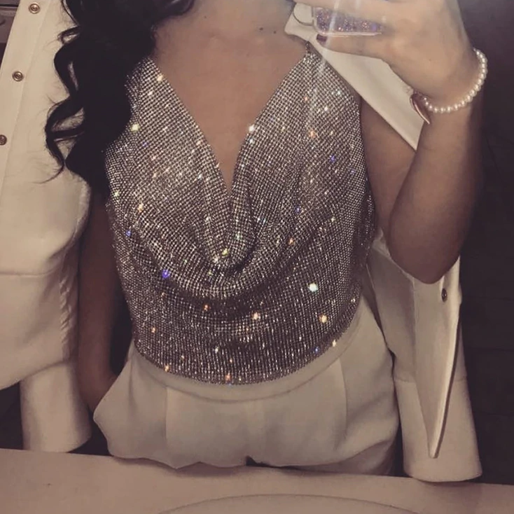 Dam Paljett Topp Halterneck Glittrig Camisole för Festtoppar-2
