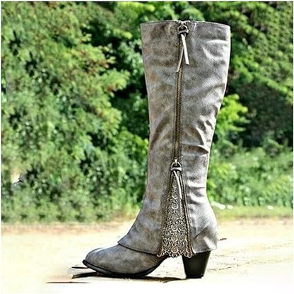 Dam Höga Klackstövlar Vintage Chunky Heel Läder-5