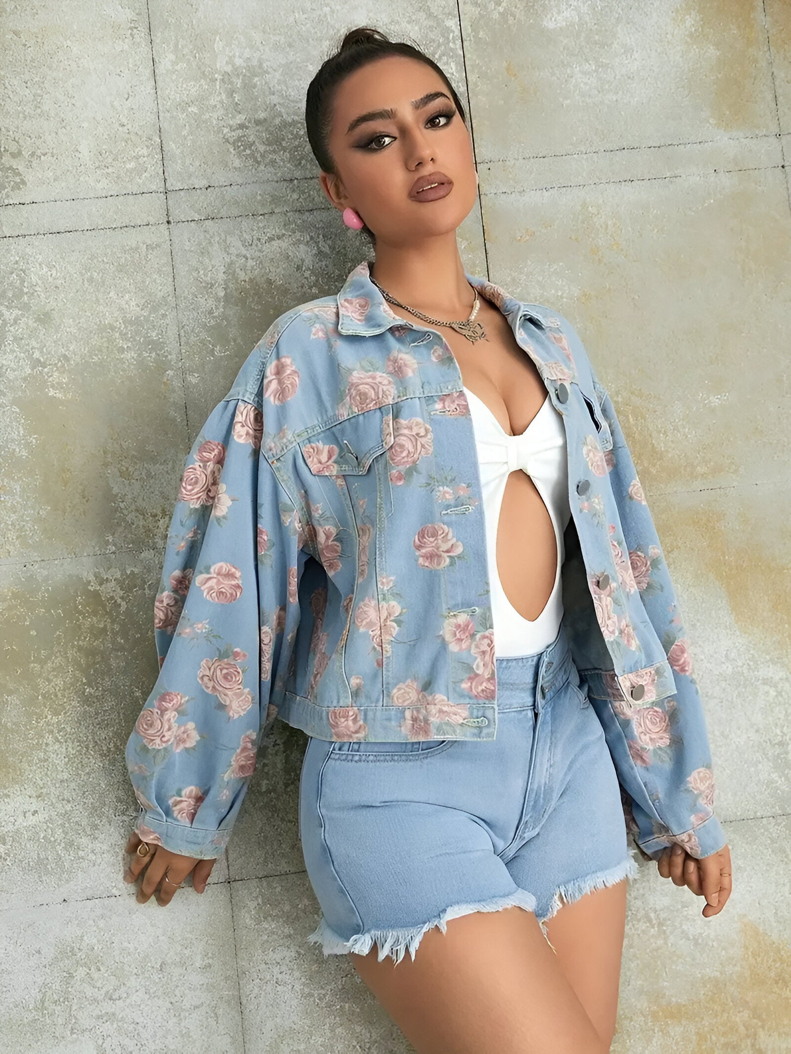 Dam Jeansjacka Vintage Blommönster i Denim-2
