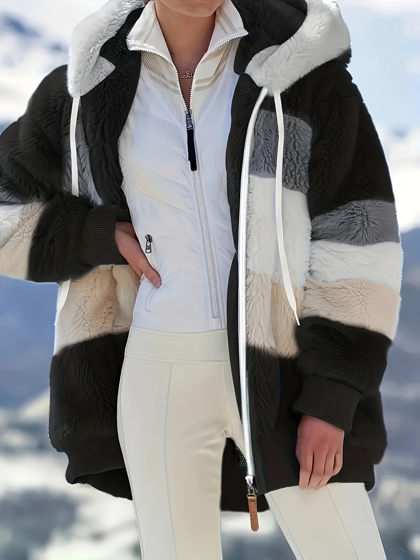 Dam Lång Teddyjacka Färgblockad Teddyfleece med Huva och Fickor 1
