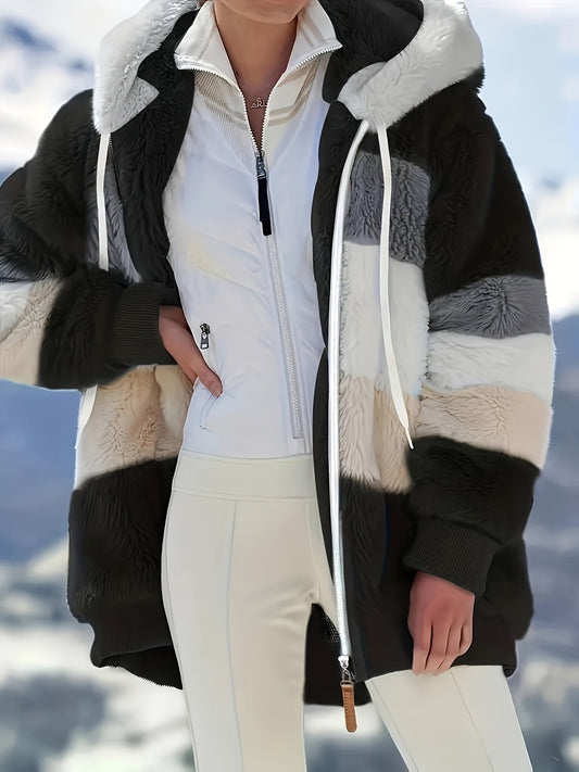 Dam Lång Teddyjacka Färgblockad Teddyfleece med Huva och Fickor 1