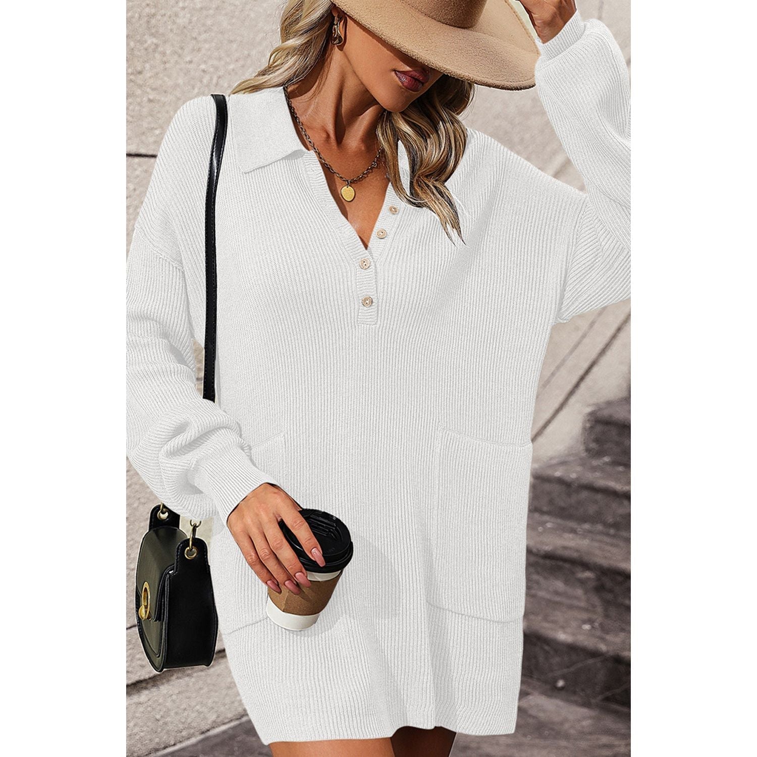 Variant image for Kvinnors Stickklänning Elegant Mjuk Blandning med Krage och Fickor-17