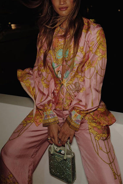 Dam Blus och Vida Byxor Unik Tryckdesign Bomull Polyester-3