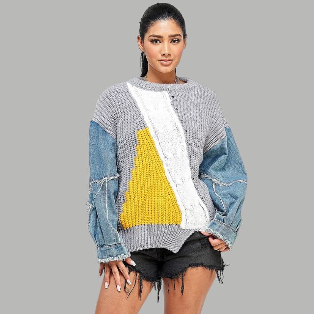 Dam Tröja Lapptäckdesign i 100% Bomull med Flätmönster-2