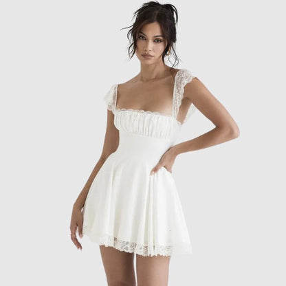 Fina Dam Klänningar Fyrkantig Halsringning med Spetsdetaljer Knälång-3