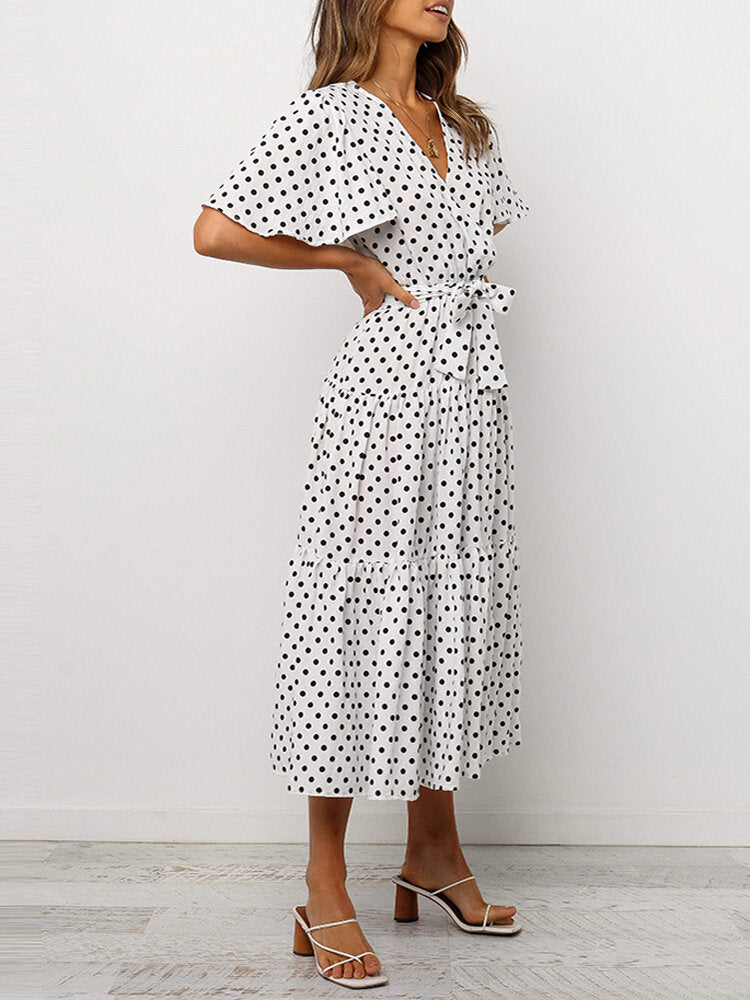 Kvinnors Midi Klänning V-hals Blommönster Polyester-6