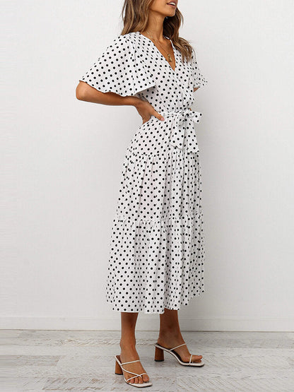 Kvinnors Midi Klänning V-hals Blommönster Polyester-6