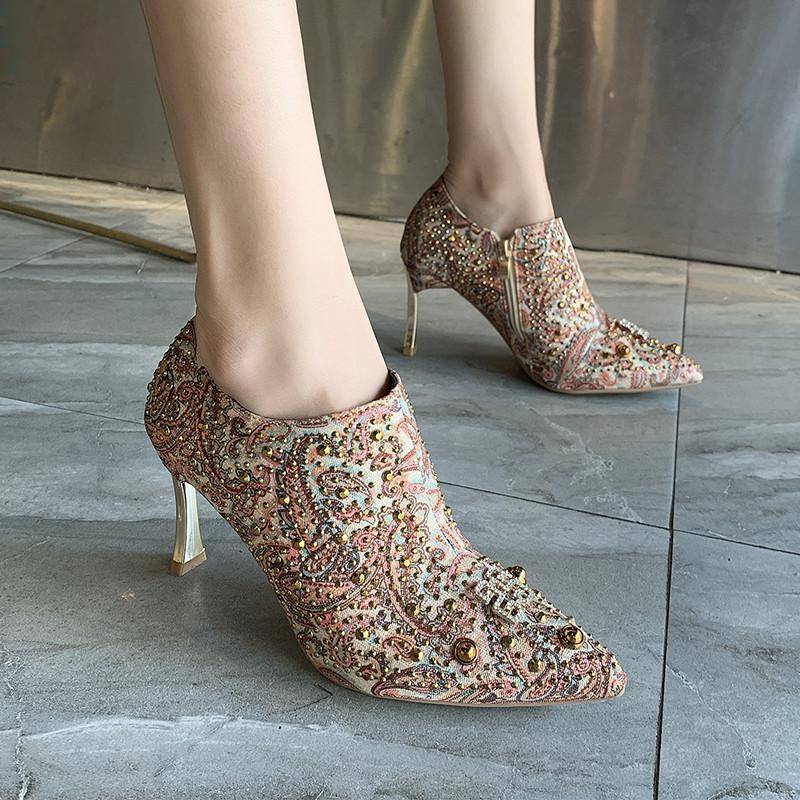 Dam Ankelboots Glamouröst Tyg Hög Klack-3