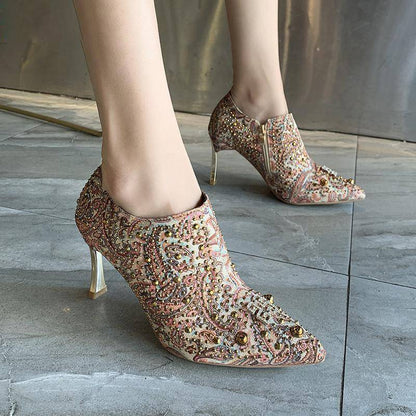 Dam Ankelboots Glamouröst Tyg Hög Klack-3