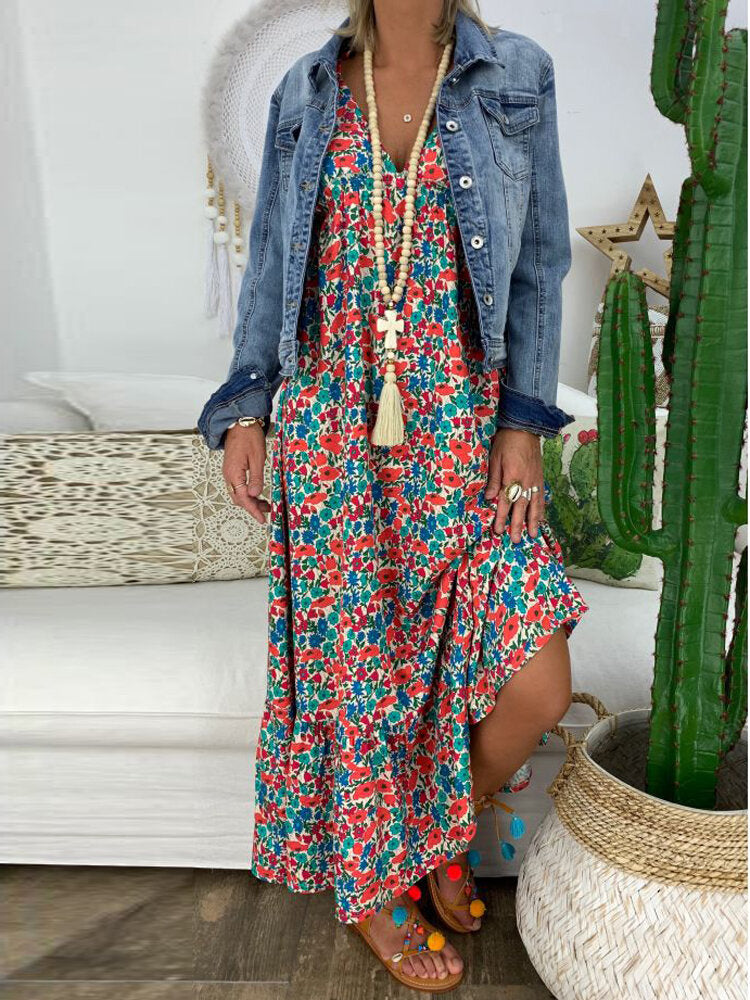 Dam Maxiklänning Blommönster Elastisk Polyester Lång Klänning För Sommar-3