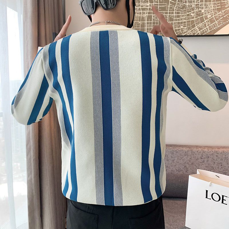 Herr Tröja Stickad Med Vertikala Ränder Mjuk Akryl-2