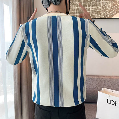 Herr Tröja Stickad Med Vertikala Ränder Mjuk Akryl-2