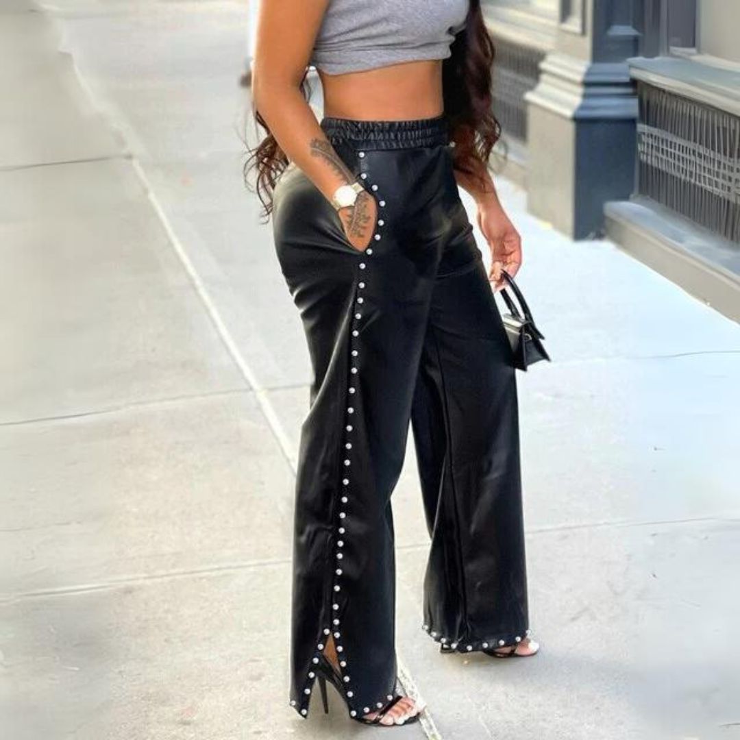 Dam Trasiga Läderbyxor Med Knappar Slim Fit Läder-2