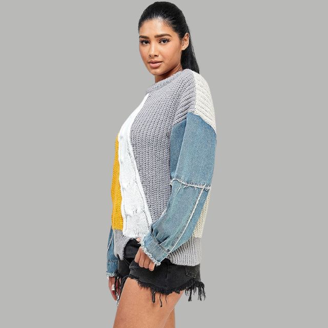 Dam Tröja Lapptäckdesign i 100% Bomull med Flätmönster-4