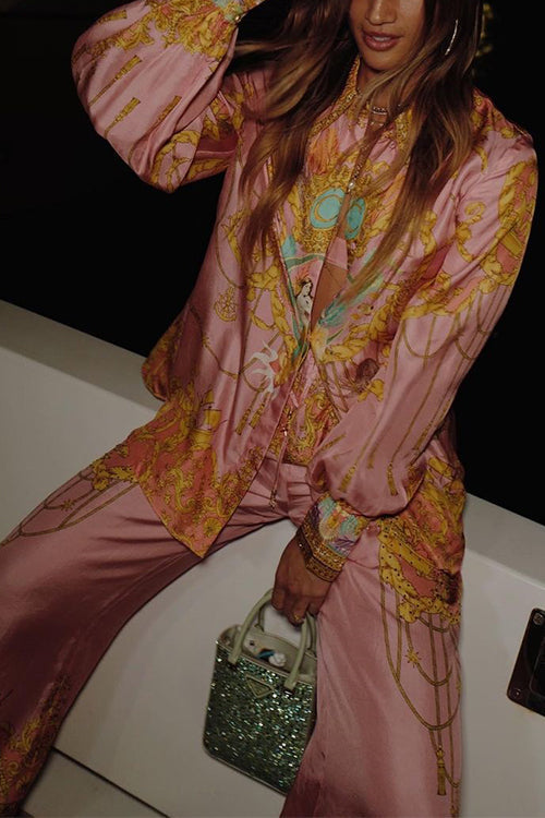 Dam Blus och Vida Byxor Unik Tryckdesign Bomull Polyester-4