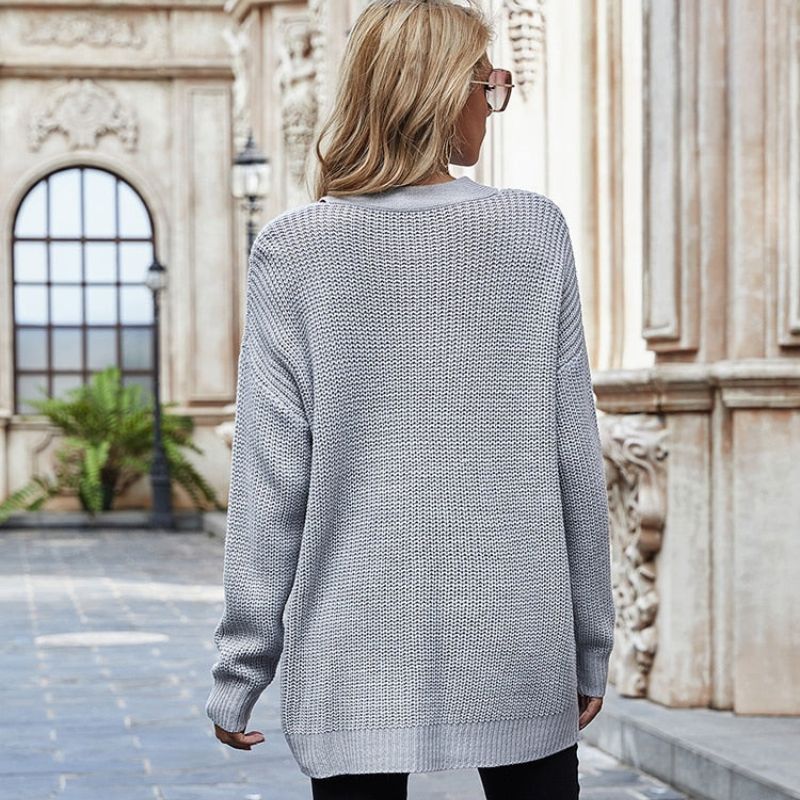 Dam V-ringad Tröja Smidig Akryl med Långa Ärmar-4