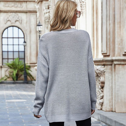 Dam V-ringad Tröja Smidig Akryl med Långa Ärmar-4