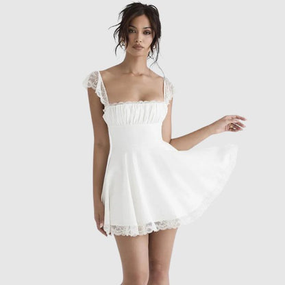 Fina Dam Klänningar Fyrkantig Halsringning med Spetsdetaljer Knälång-4