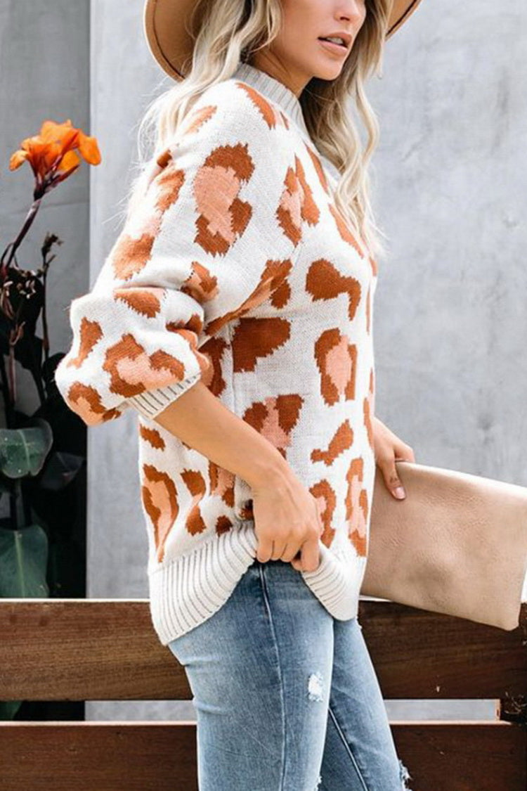 Dam Tröja Leopardmönstrad Rundhalsad Polyester Långärmad-4