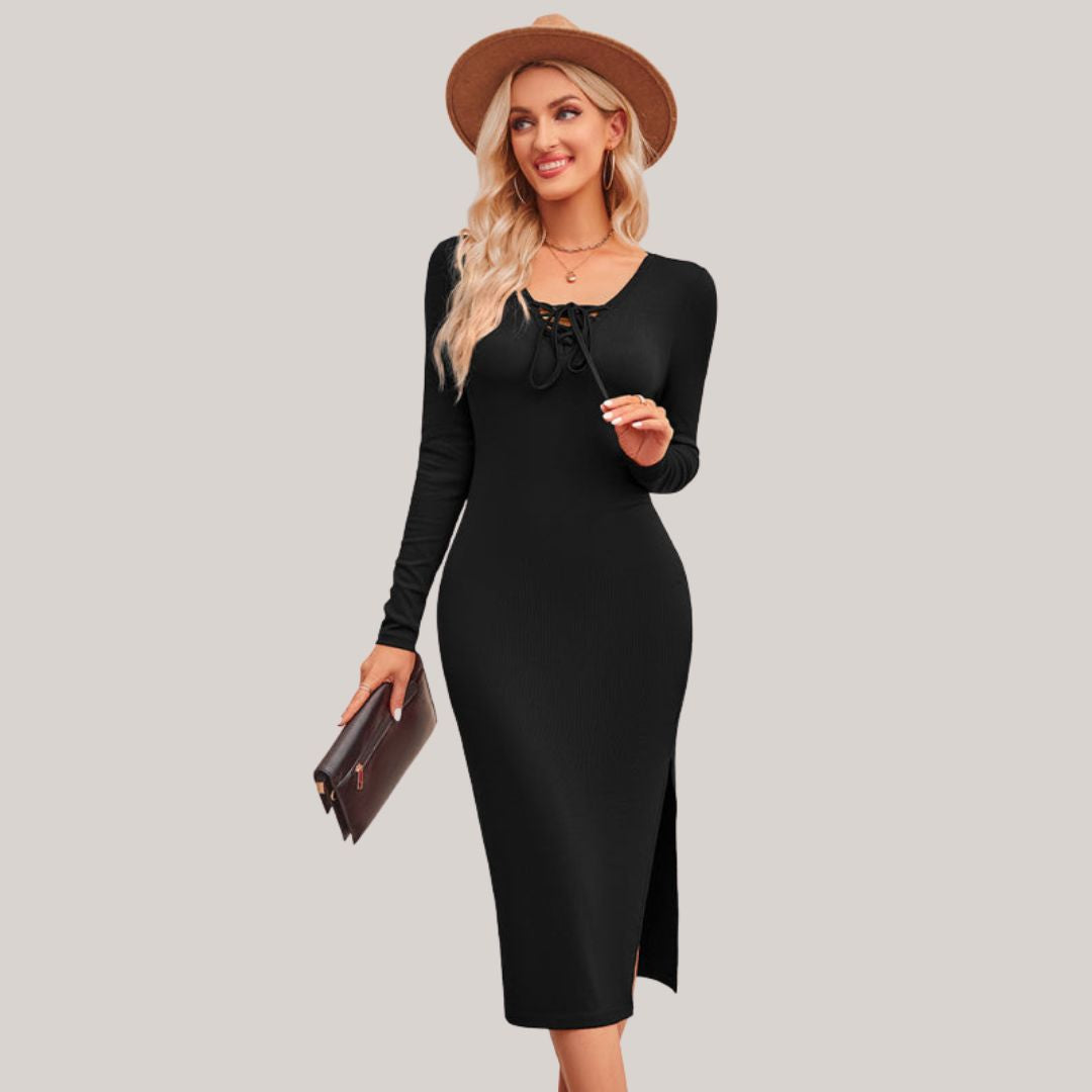 Variant image for Kvinnors Midi Klänning Axelfri Halsringning Lång Ärmar Stretchigt Tyg-11