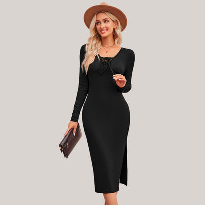 Variant image for Kvinnors Midi Klänning Axelfri Halsringning Lång Ärmar Stretchigt Tyg-11