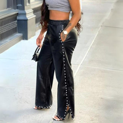 Dam Trasiga Läderbyxor Med Knappar Slim Fit Läder-1