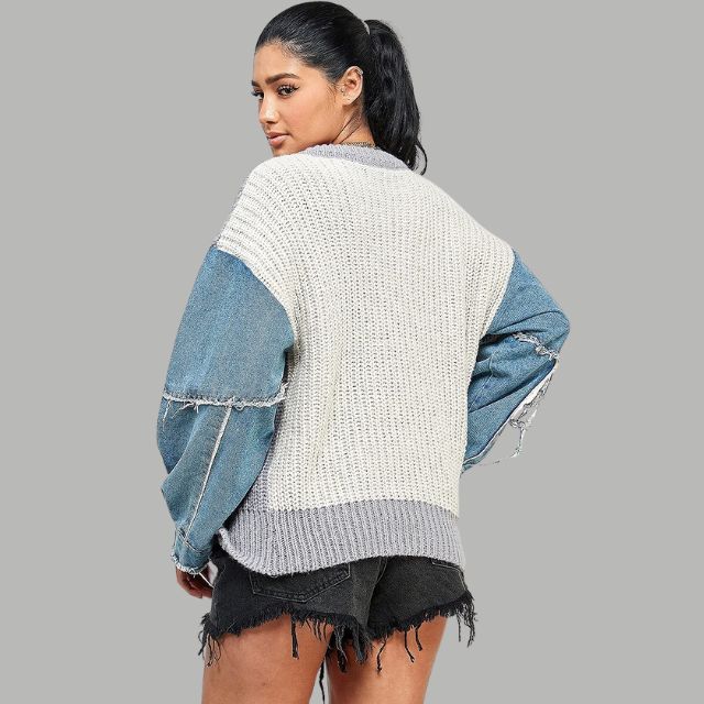 Dam Tröja Lapptäckdesign i 100% Bomull med Flätmönster-5