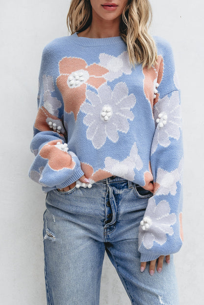 Variant image for Stickad Dam Tröja Blommönster Rund Halsringning Mjuk Material-4