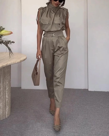 Dam Set Krawattenhals Topp och Byxor Polyester Avslappnad-1