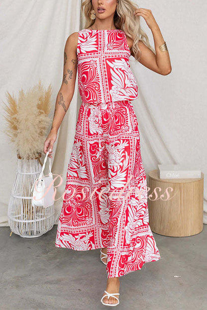 Dam Skördetopp och Tryckta Byxor med Elastisk Midja i Bomull och Polyester-3