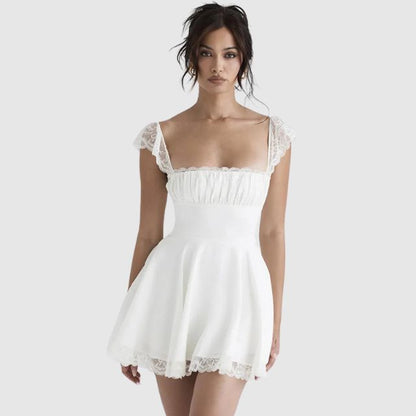 Fina Dam Klänningar Fyrkantig Halsringning med Spetsdetaljer Knälång-5