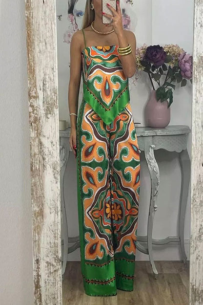 Dam Set Oregelbunden Cami Topp Bred Benbyxor Bomull Polyester-5