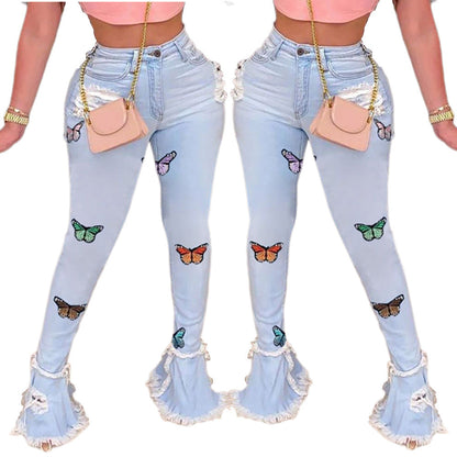 Snygga Byxor Dam Hög Midja Denim med Broderade Detaljer-2