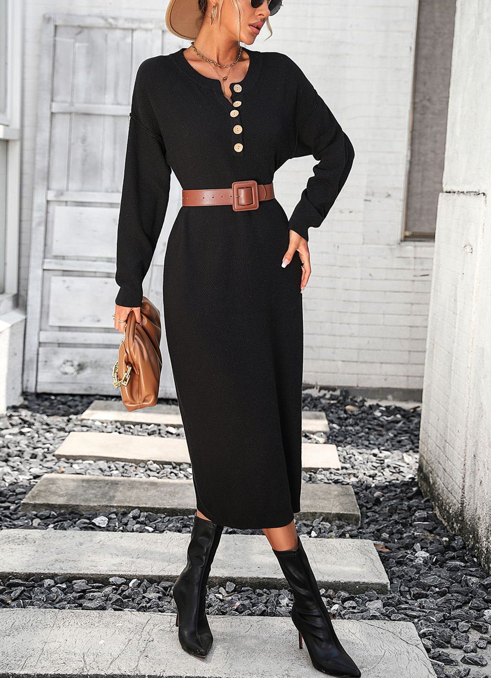 Variant image for Kvinnors Lång Klänning Elegant Mjuk Tygblandning med Knappdetaljer-9