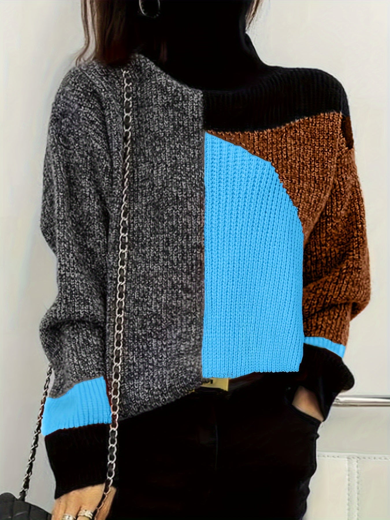 Stickad Dam Tröja Turtleneck Mjuk Tyg med Sänkta Axlar-2