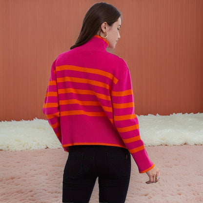 Stickad Dam Tröja Randig Turtleneck Akryl Långärmad-2