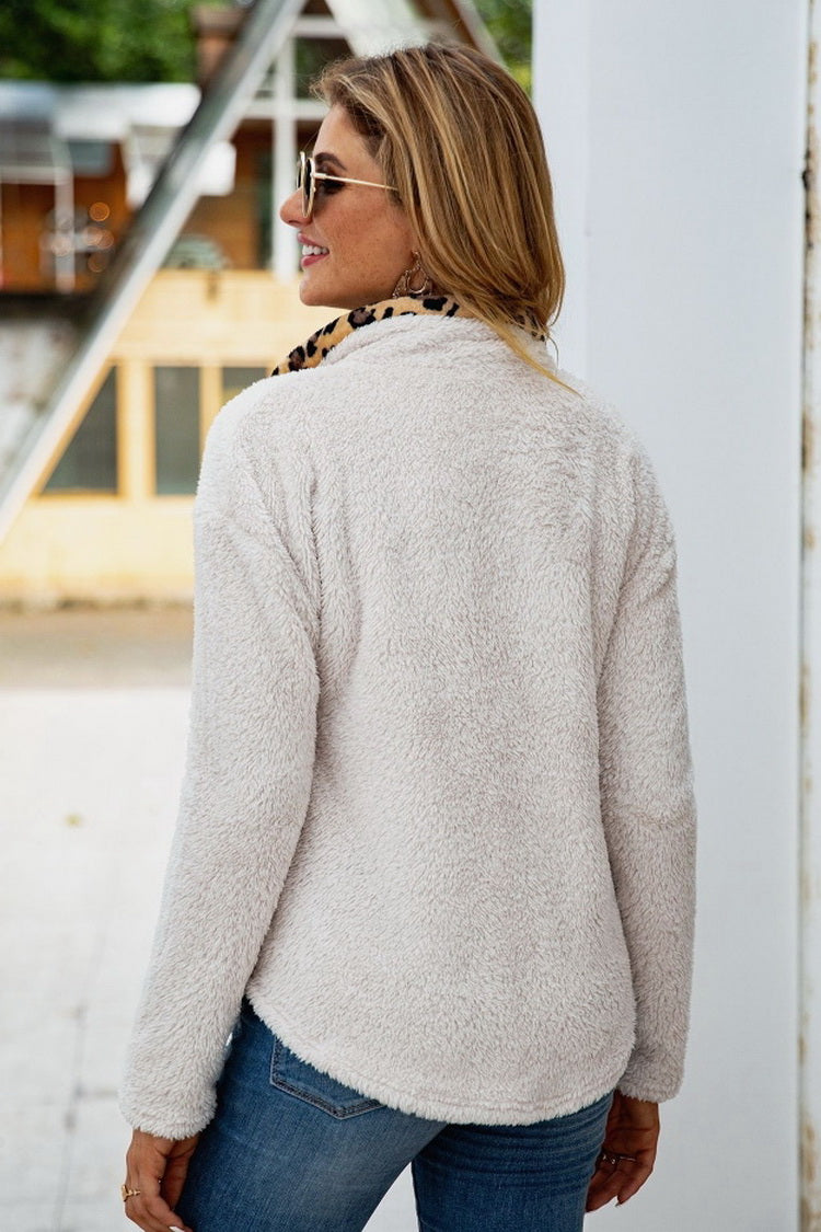 Dam Plyschtröja med Leopardknapp Mjuk Polyester-4
