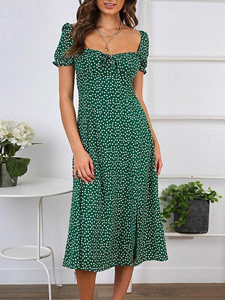 Damklänning Kortärmad Blommönster Polyester Fyrkantig Halsringning-2