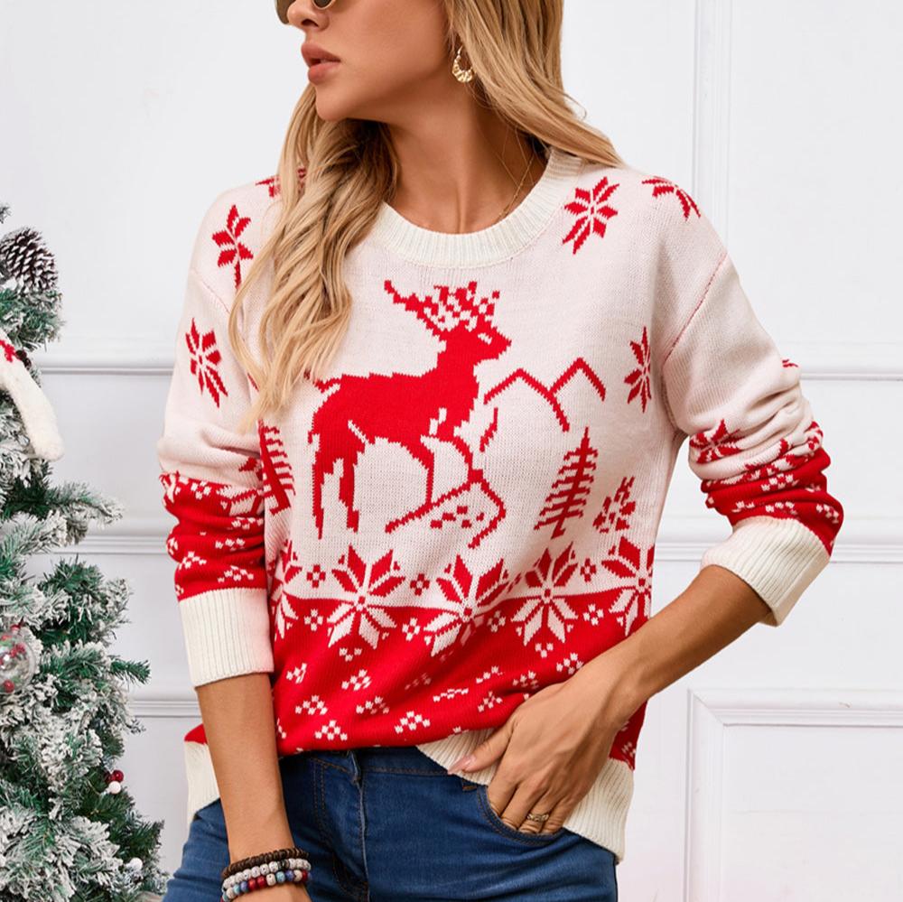Dam Stickad Tröja med Hjortmönster för Vinter-4