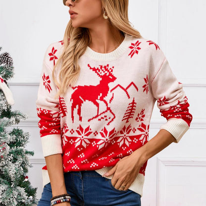 Dam Stickad Tröja med Hjortmönster för Vinter-4