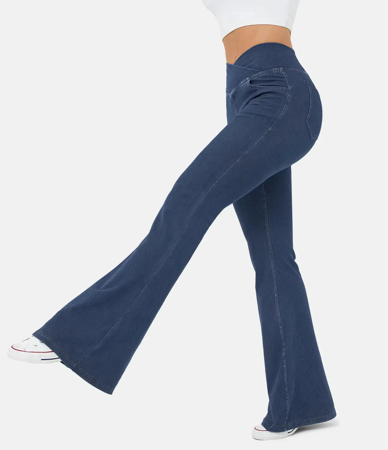 Hög Midja Jeans Dam med Korsat Förbund – Mjuk Bomull, Flexibel Passform, Praktiska Fickor, Storlekar S-XL 8