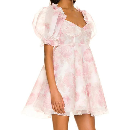 Kvinna Klänning Blommönster Puffärmar Organza-2