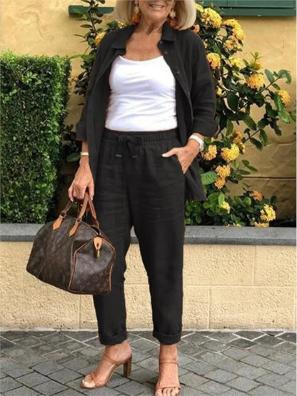 Variant image for Dam Långärmad Skjorta och Byxor Set i Mjukt Material för Sommarkläder-13