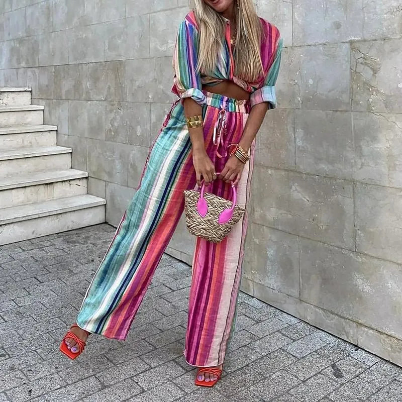 Dam Uppsättning Randig Topp och Byxor Mjuk Tygblandning-4
