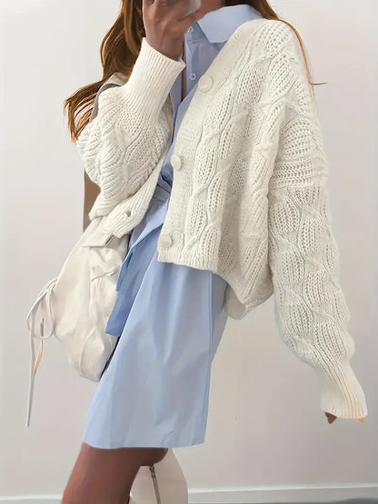 Kofta Dam Kabelmönster Knappstängning Mjuk Ullkofta-1