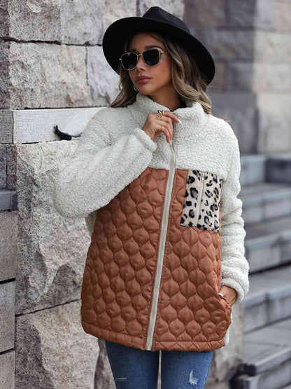 Vårjacka Dam Färgblock Leopardmönster Polyester Zip Jacka-4