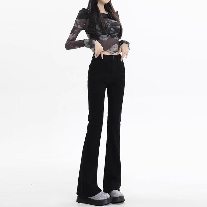 Snygga Byxor Dam Högmidjade Utställda Denim med Fleecefoder-5
