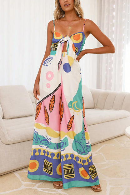 Dam Jumpsuit Knut Fronten Tryckt Bomull Polyester med Breda Ben och Fickor-1