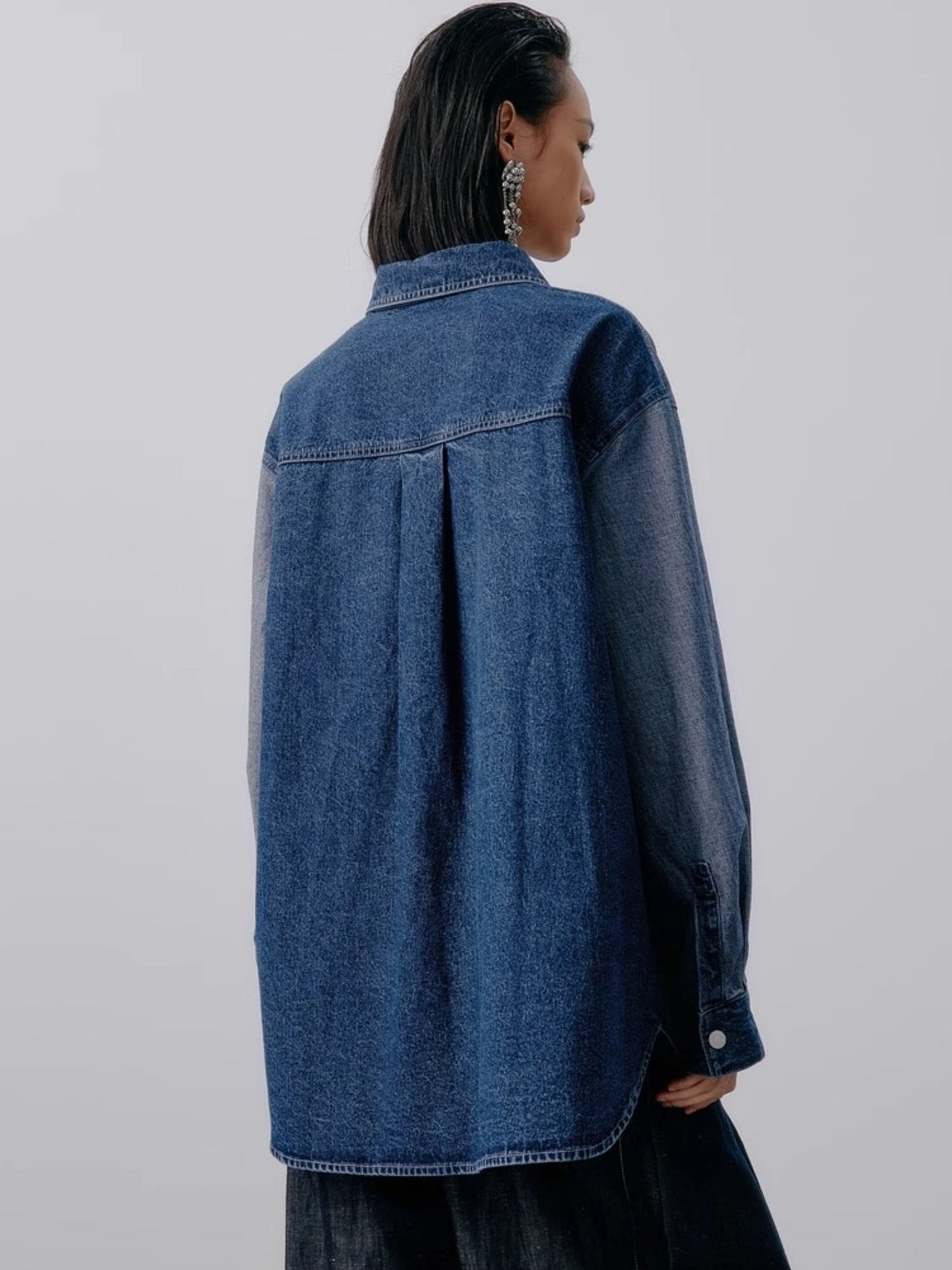 Dam Skjorta Färgblock Denim Lapptäcktsdesign-4