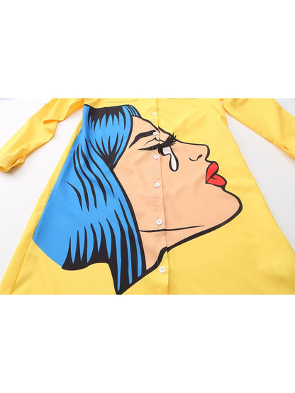 Damklänning Midi Långärmad Polyester med Ansiktstryck och Skjortkrage-4